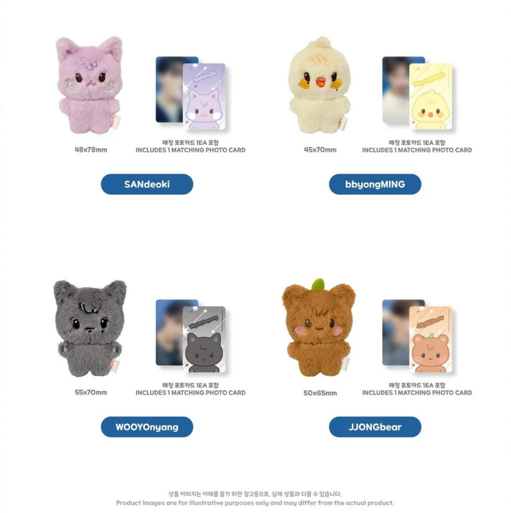 A product display sheet showing four plush character phone cases with matching photo cards and dimensions. The cases are pink cat-shaped, yellow duck-shaped, gray bear-shaped, and brown teddy bear-shaped, with brand names SANdeoki, bbyongMINg, WOOOonyang, and JJONGGear displayed below each.