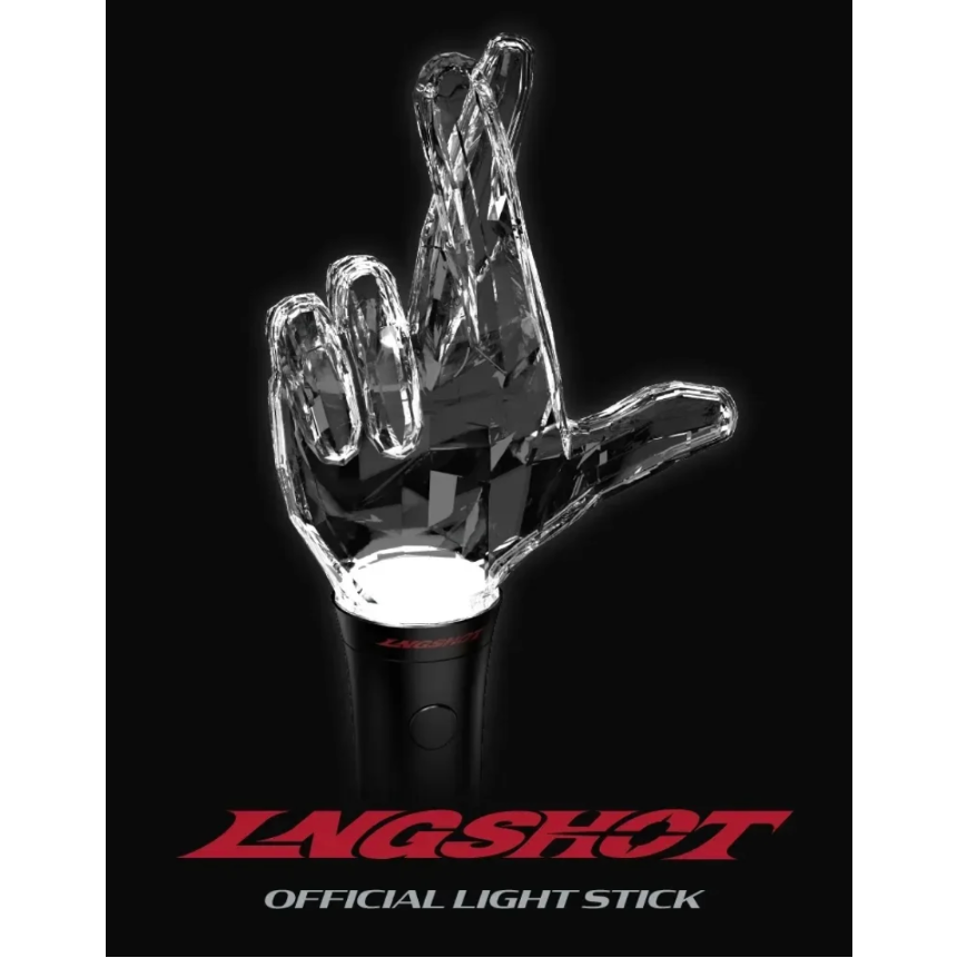 A clear faceted hand-shaped light stick glowing from a black cylindrical base, shown on a black background with the text 'LNGSHOT OFFICIAL LIGHT STICK' in red and white at the bottom.