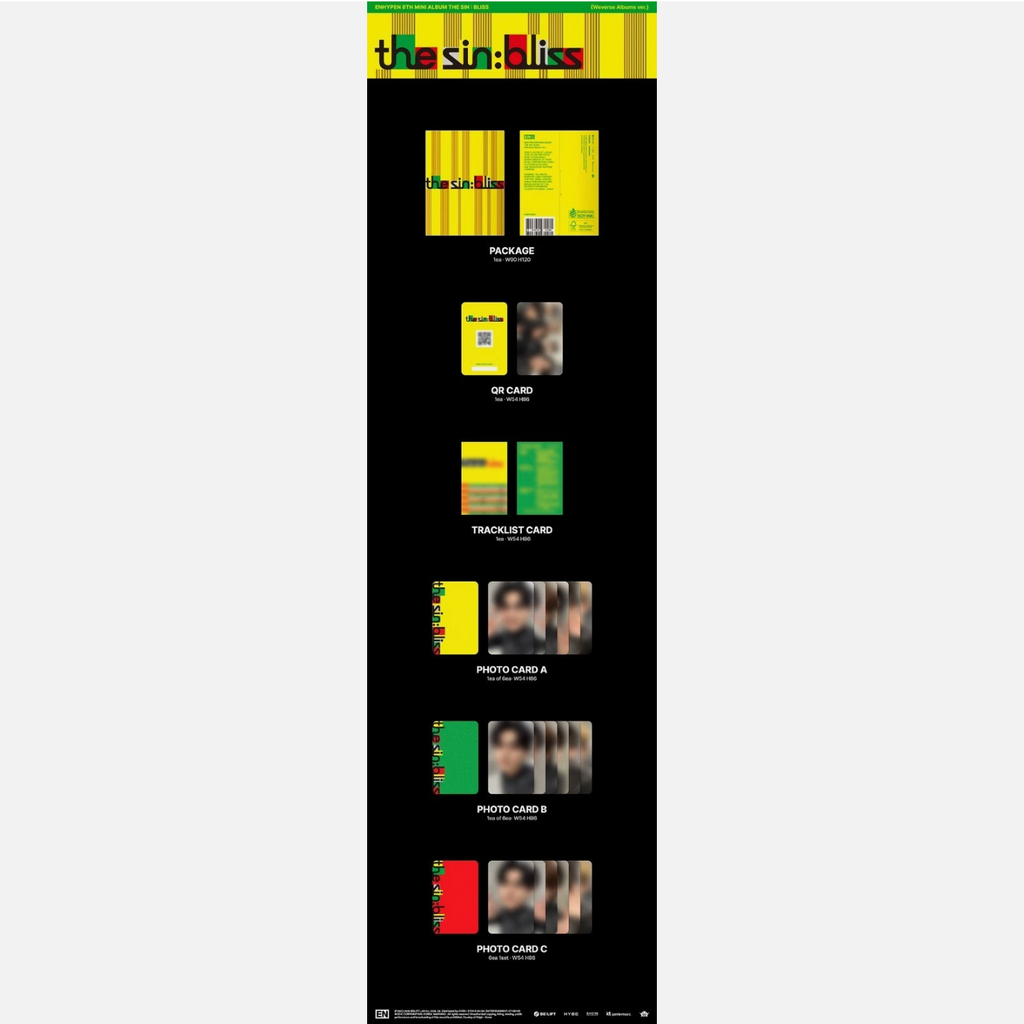 A vertical product display sheet for 'the sin:Bliss' album packaging, featuring the main black sleeve, yellow and green QR codes, a transit card, and five photo cards (A through E) on a light gray background.
