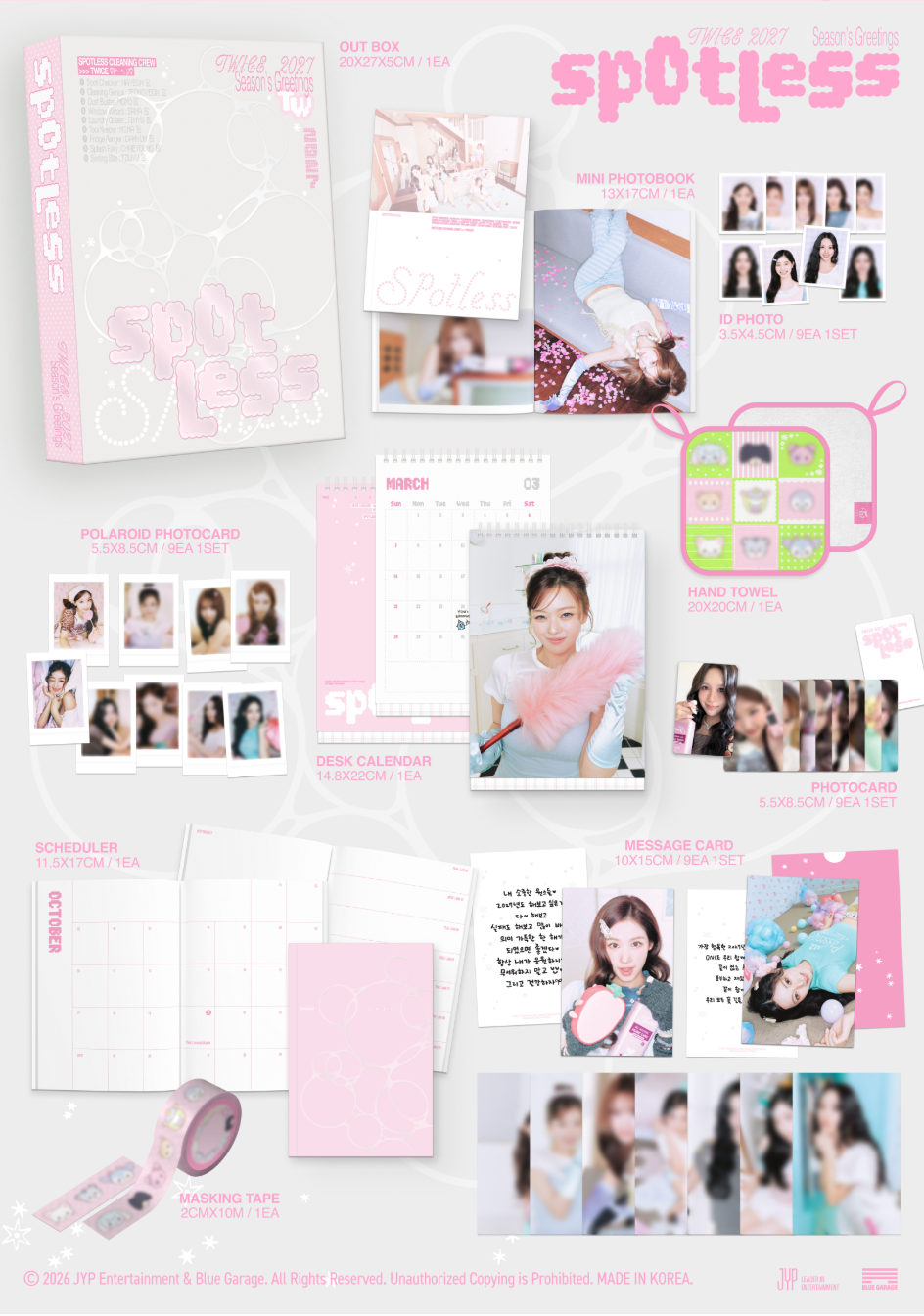 A pink and white K-pop merchandise layout for 'spotless' featuring a box, photo prints, a desk calendar, notebook, washi tape, and other accessories arranged on a light background.

TWICE Official 2027 Season's Greetings [Spotless] contents