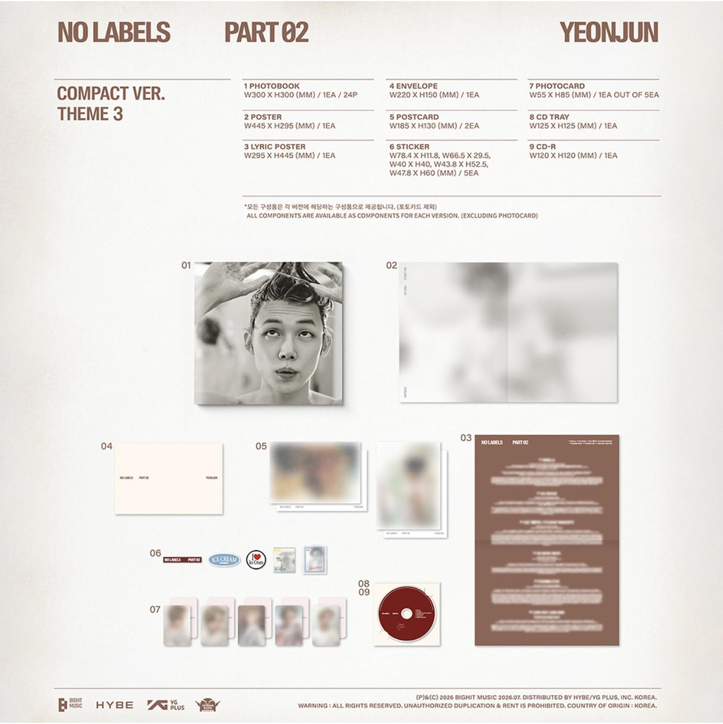 A product layout sheet for Yeonjun's 'No Labels Part 02' Compact Ver. Theme 3, showing a black-and-white portrait of the artist, various printed package designs, a CD-R disc, and small artwork thumbnails on a warm beige background.