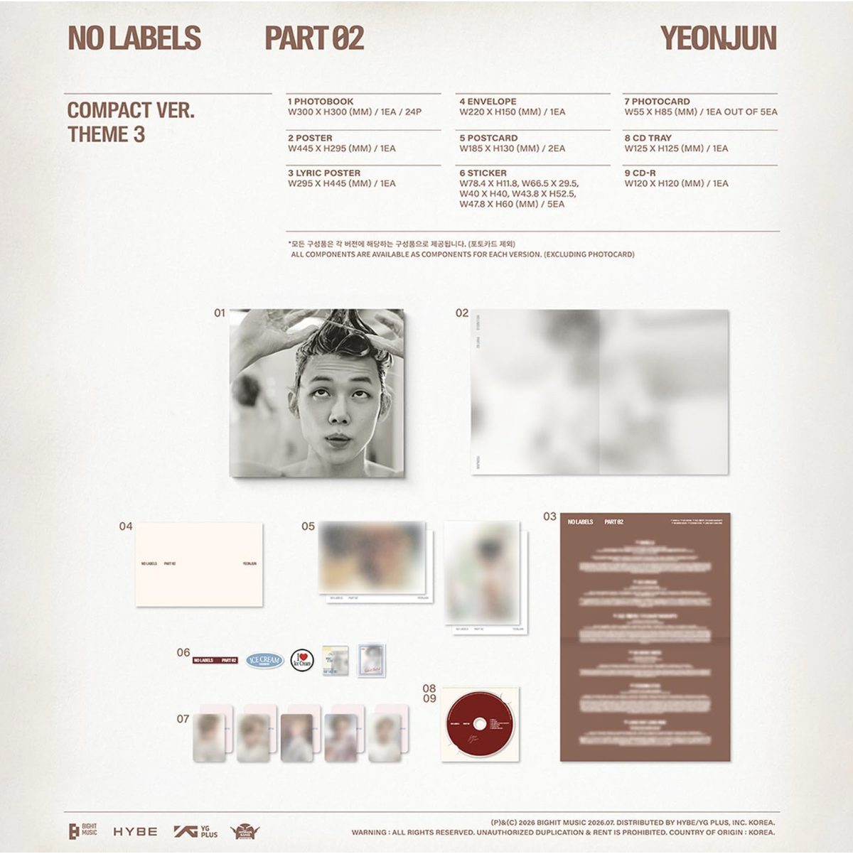 A product layout sheet for Yeonjun's 'No Labels Part 02' Compact Ver. Theme 3, showing a black-and-white portrait of the artist, various printed package designs, a CD-R disc, and small artwork thumbnails on a warm beige background.