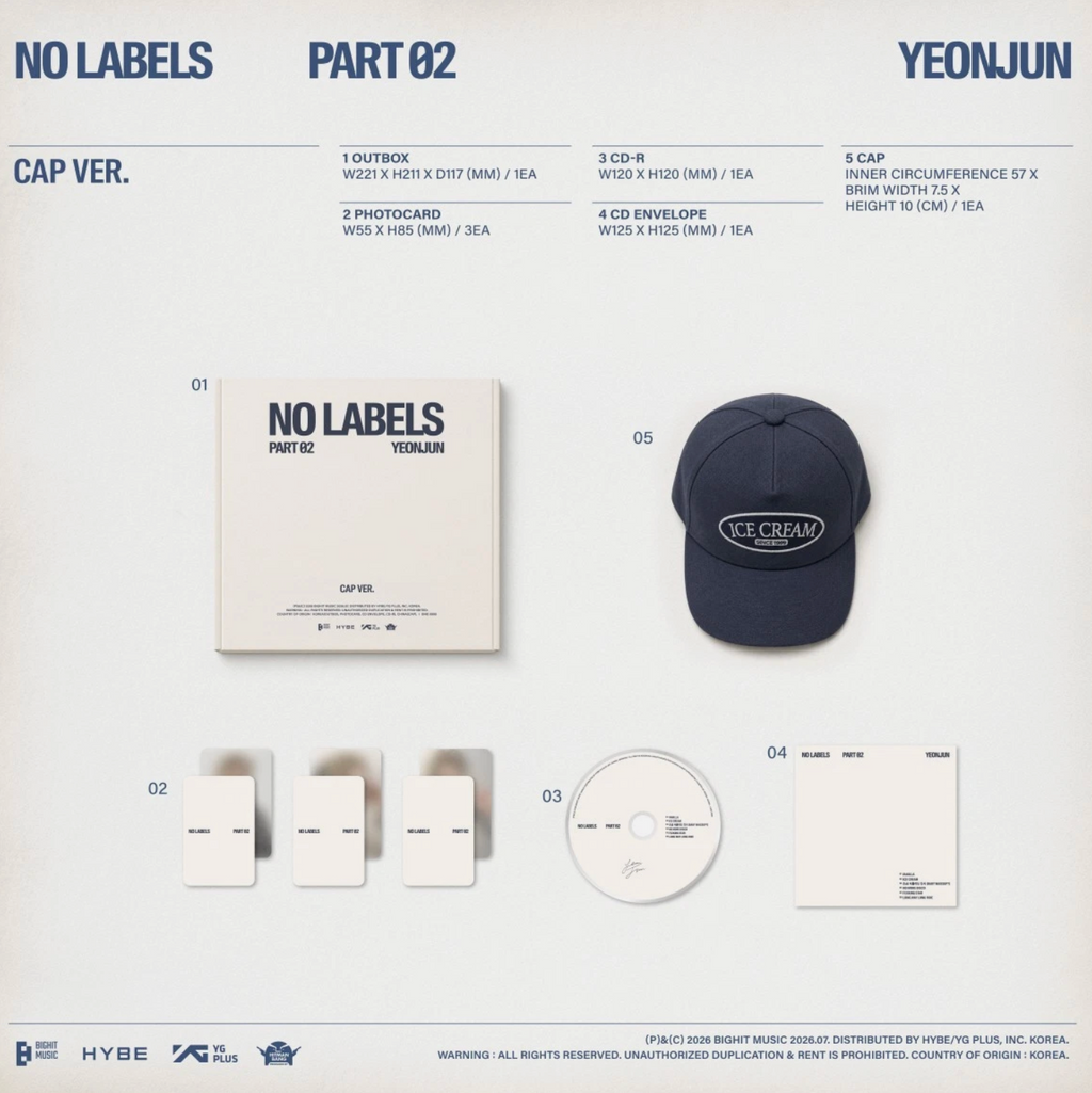 Product layout sheet for Yeonjun's 'No Labels Part 02' Cap Ver. album, showing the CD box, a navy blue baseball cap with an 'Ice Cream' logo, a CD, a photocard, an envelope, and a booklet on a white background with text specifications.